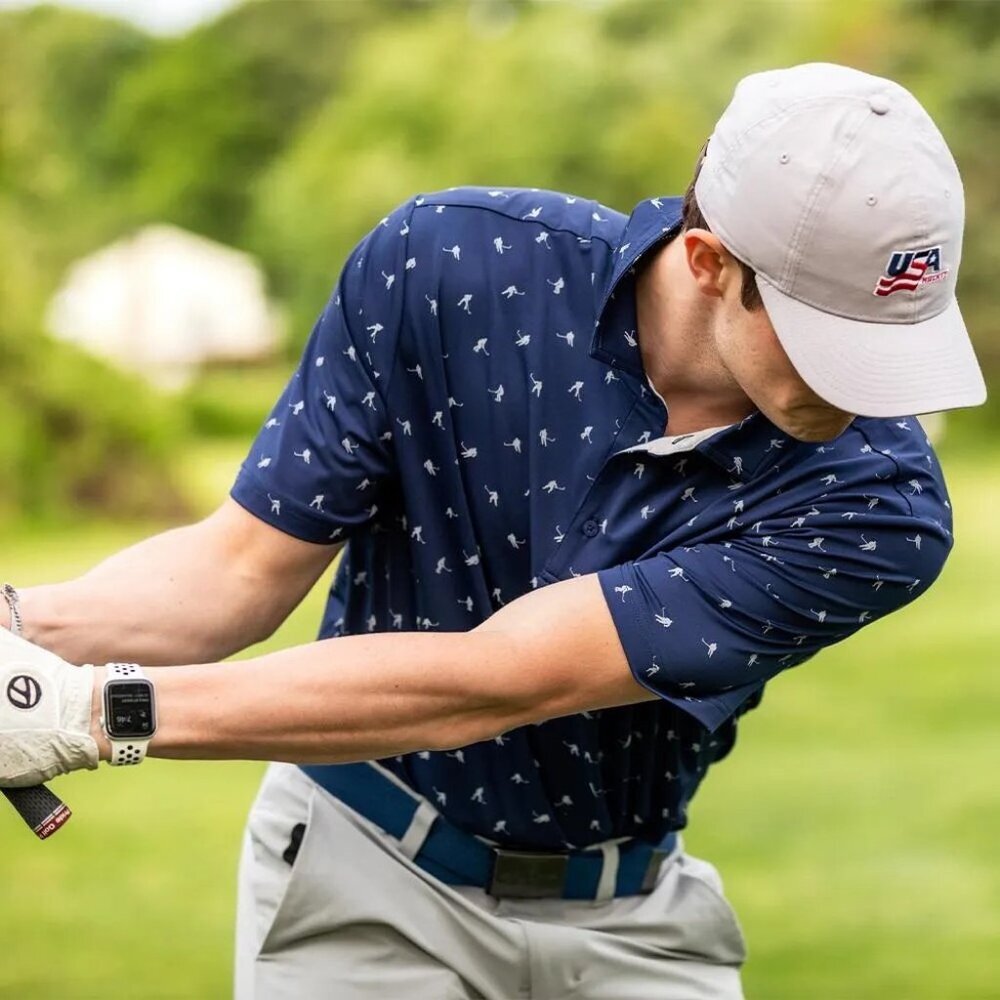 Off Season by Pure Hockey Mens Size Small Printed Golf Polo Shirt in Blue 1989